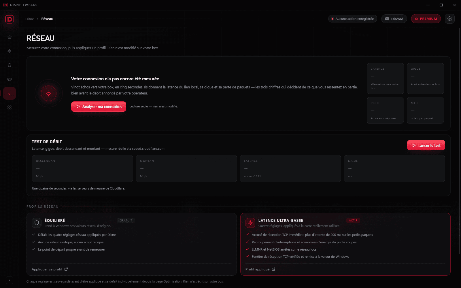 Page Réseau : diagnostic et test de débit